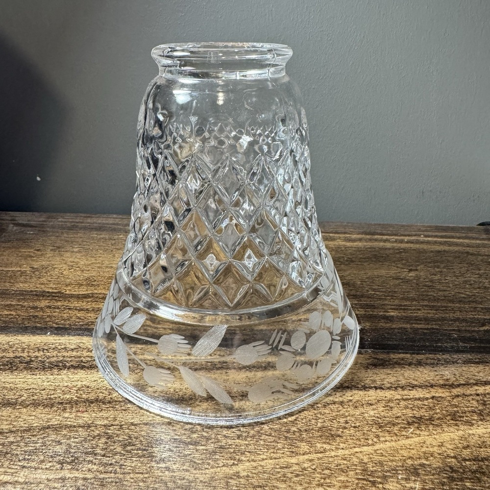 Vintage‎ Cottagecore Country Clear Glass Lamp Shade Diamonds Etched Floral
